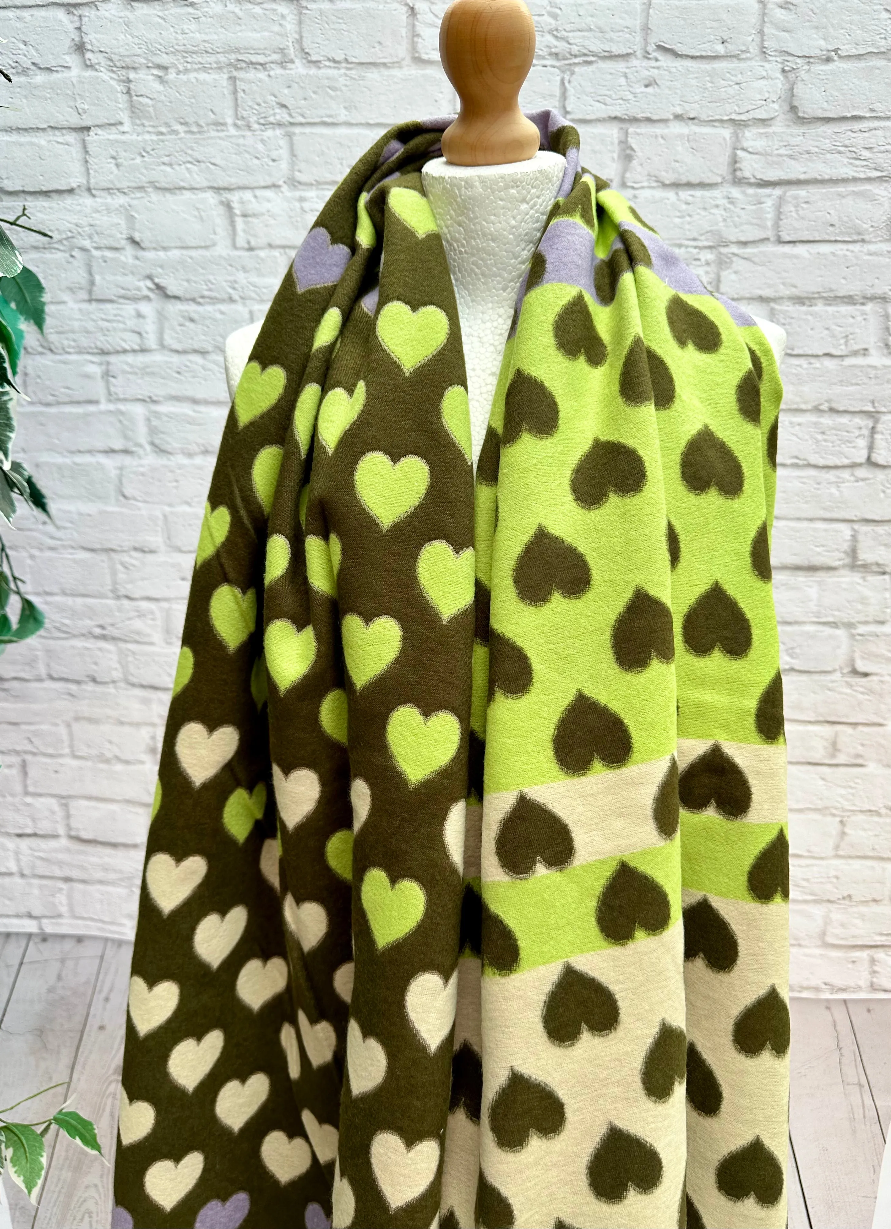 Thick Reversible Love Hearts KHAKI GREEN CREAM LILAC Pashmina Winter Scarf