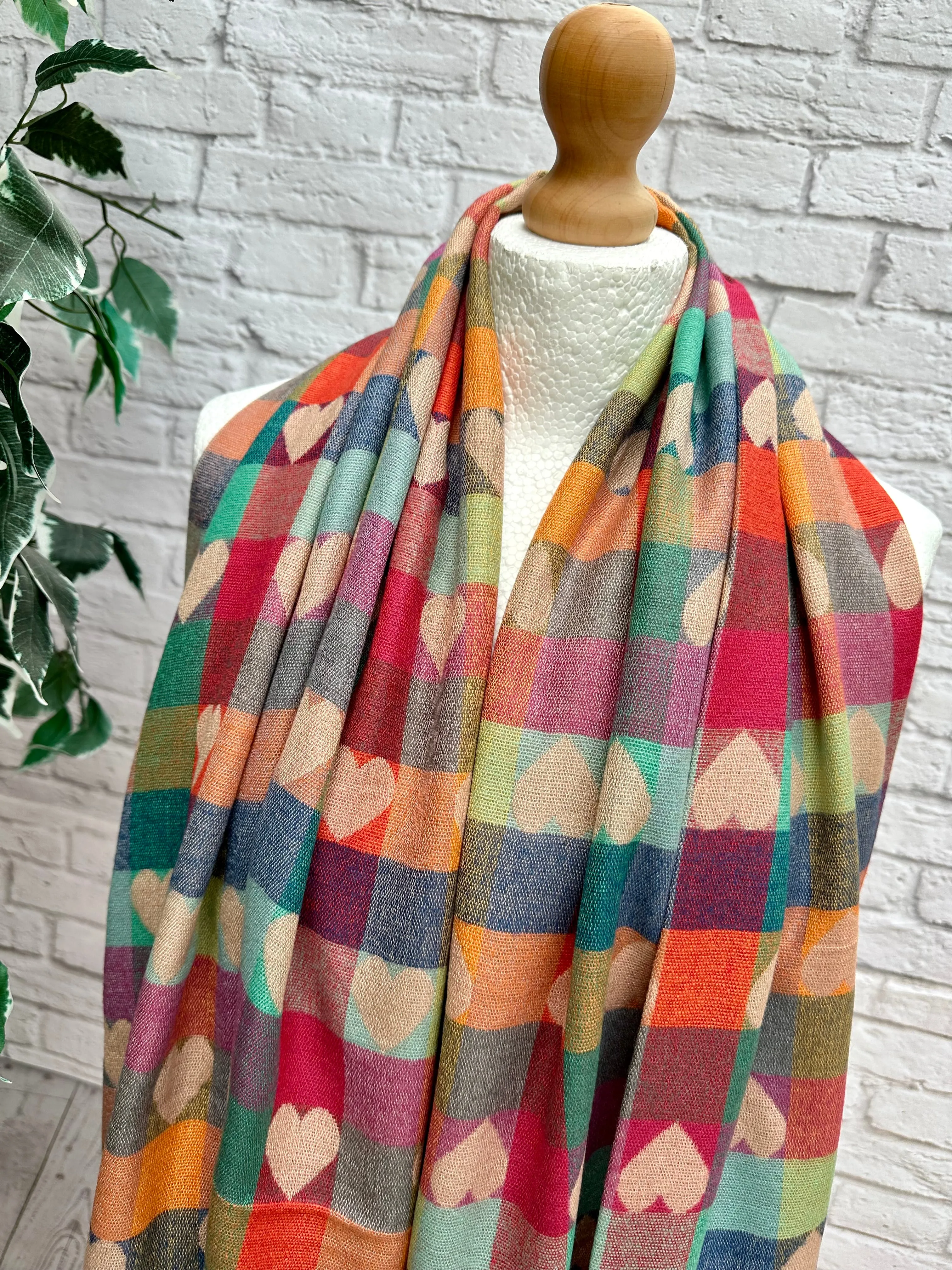 Thick Reversible Multi Coloured Love Hearts Checked BLUSH PINK Pashmina Winter Scarf