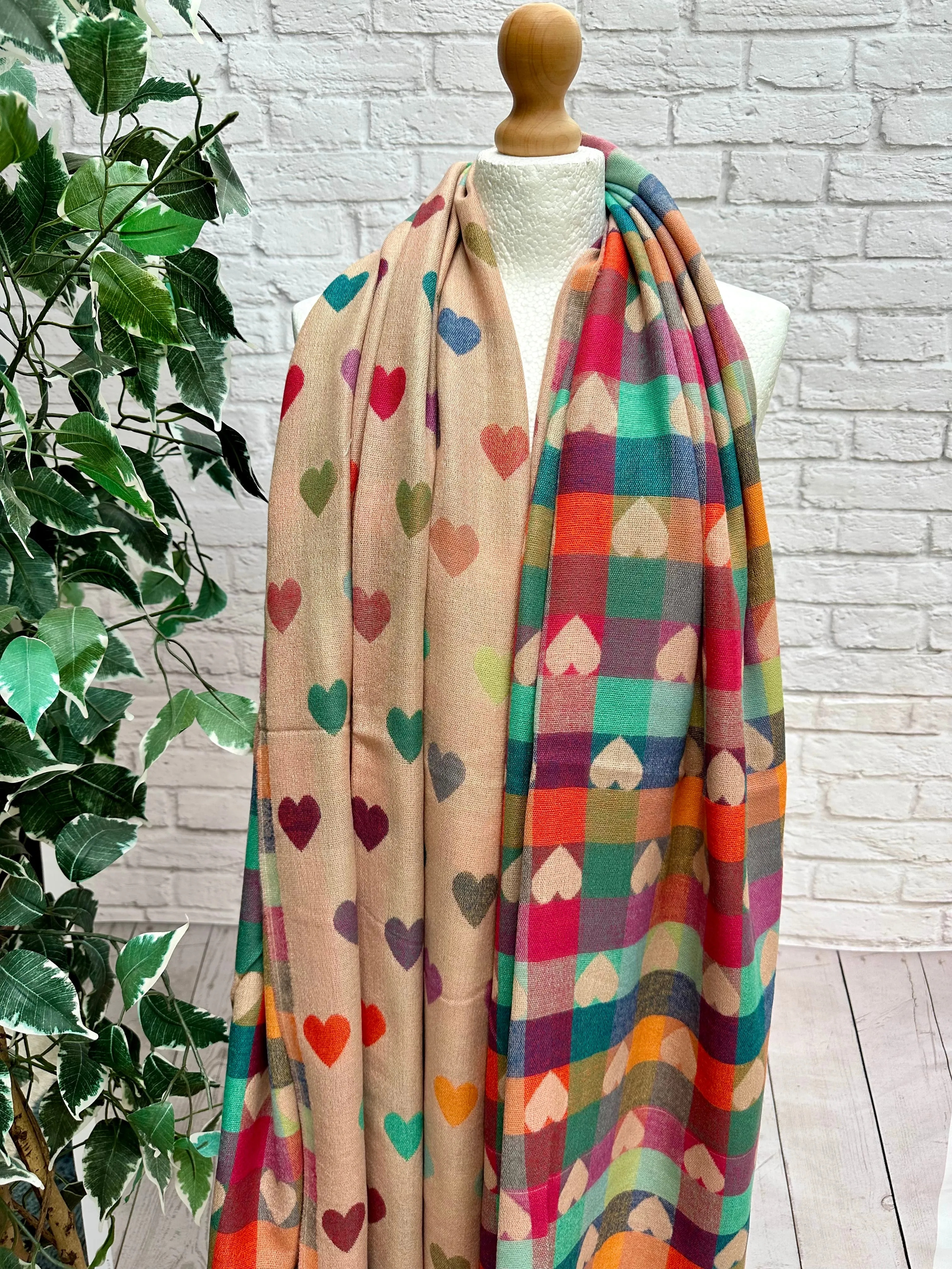 Thick Reversible Multi Coloured Love Hearts Checked BLUSH PINK Pashmina Winter Scarf