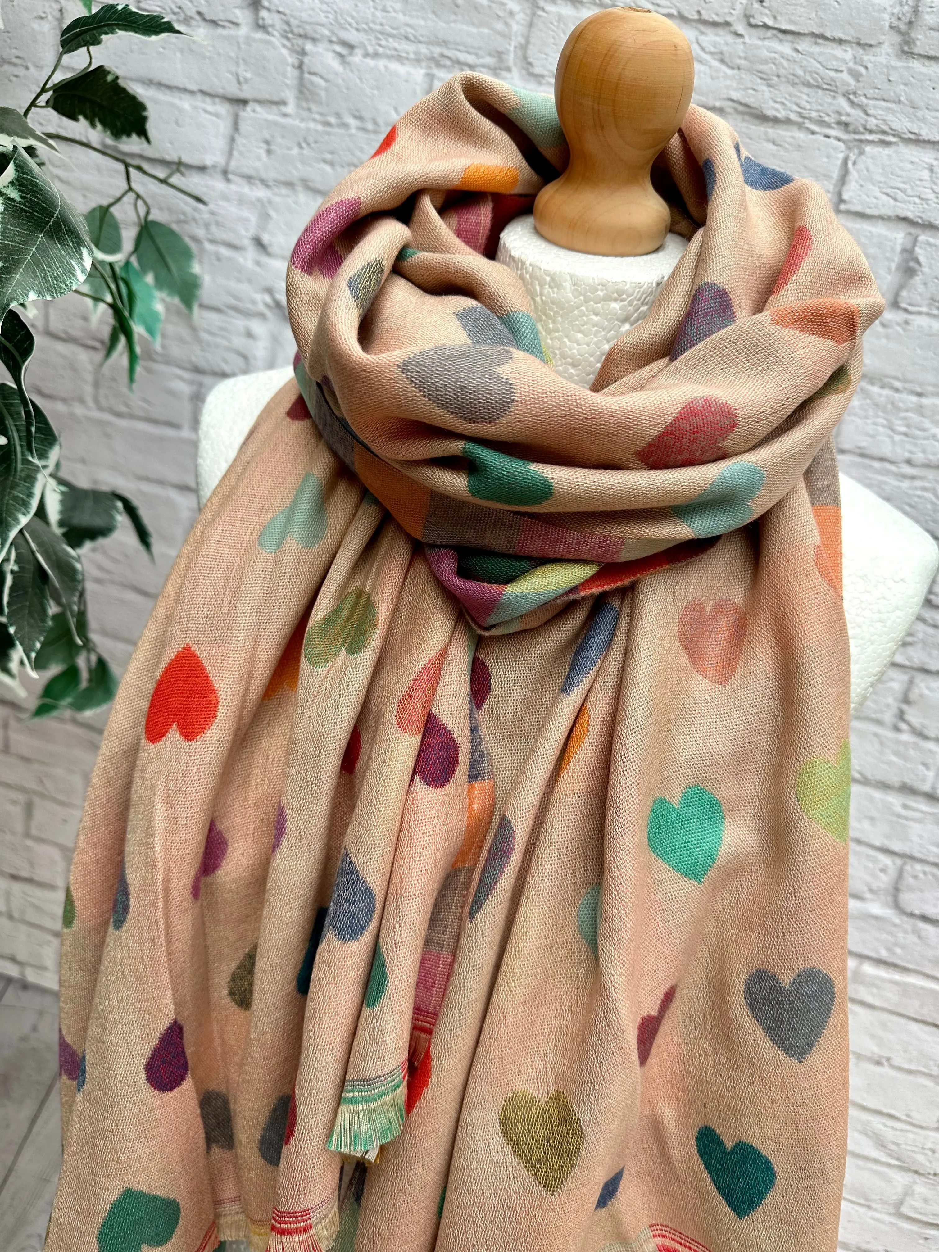 Thick Reversible Multi Coloured Love Hearts Checked BLUSH PINK Pashmina Winter Scarf