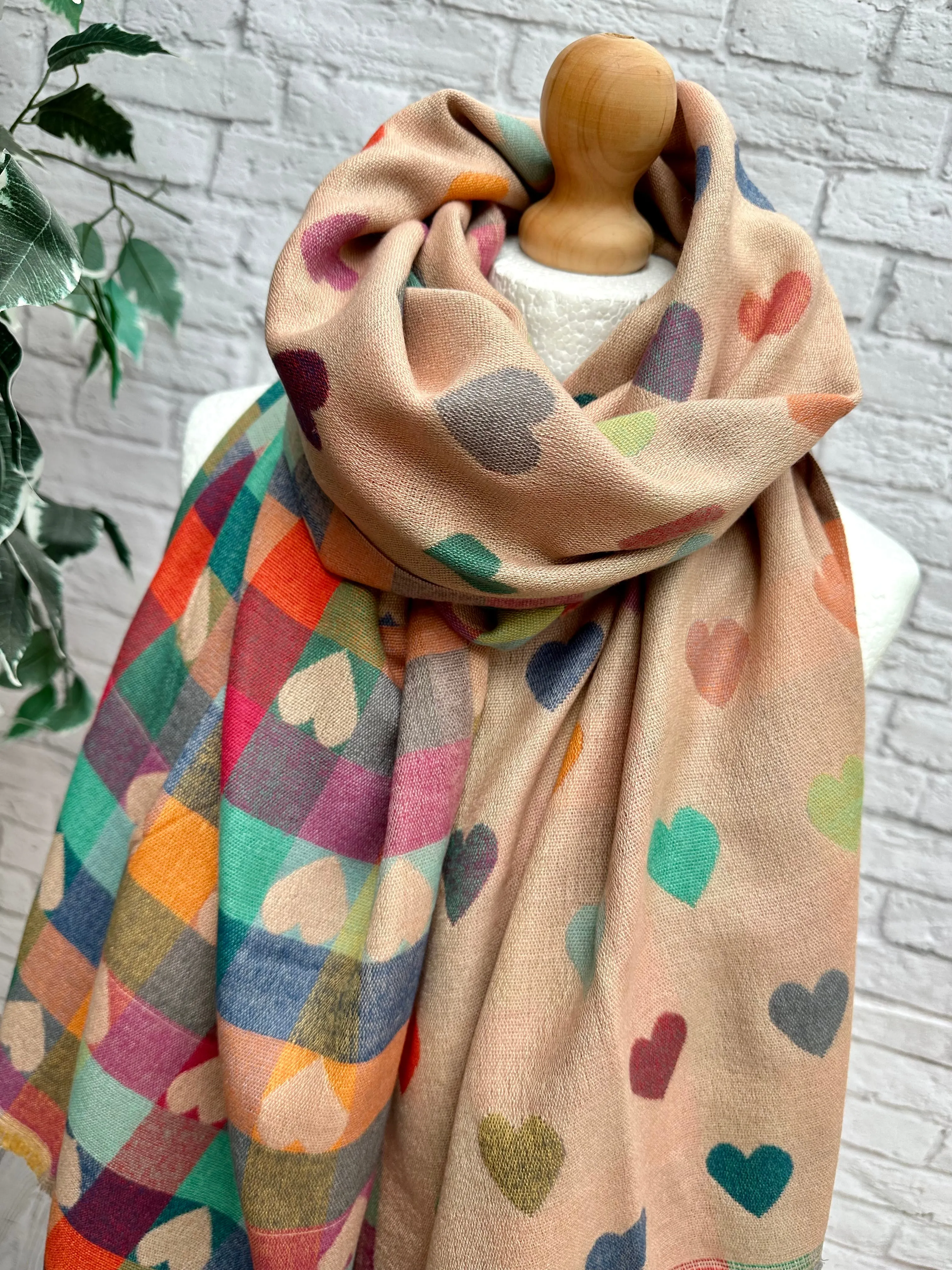 Thick Reversible Multi Coloured Love Hearts Checked BLUSH PINK Pashmina Winter Scarf