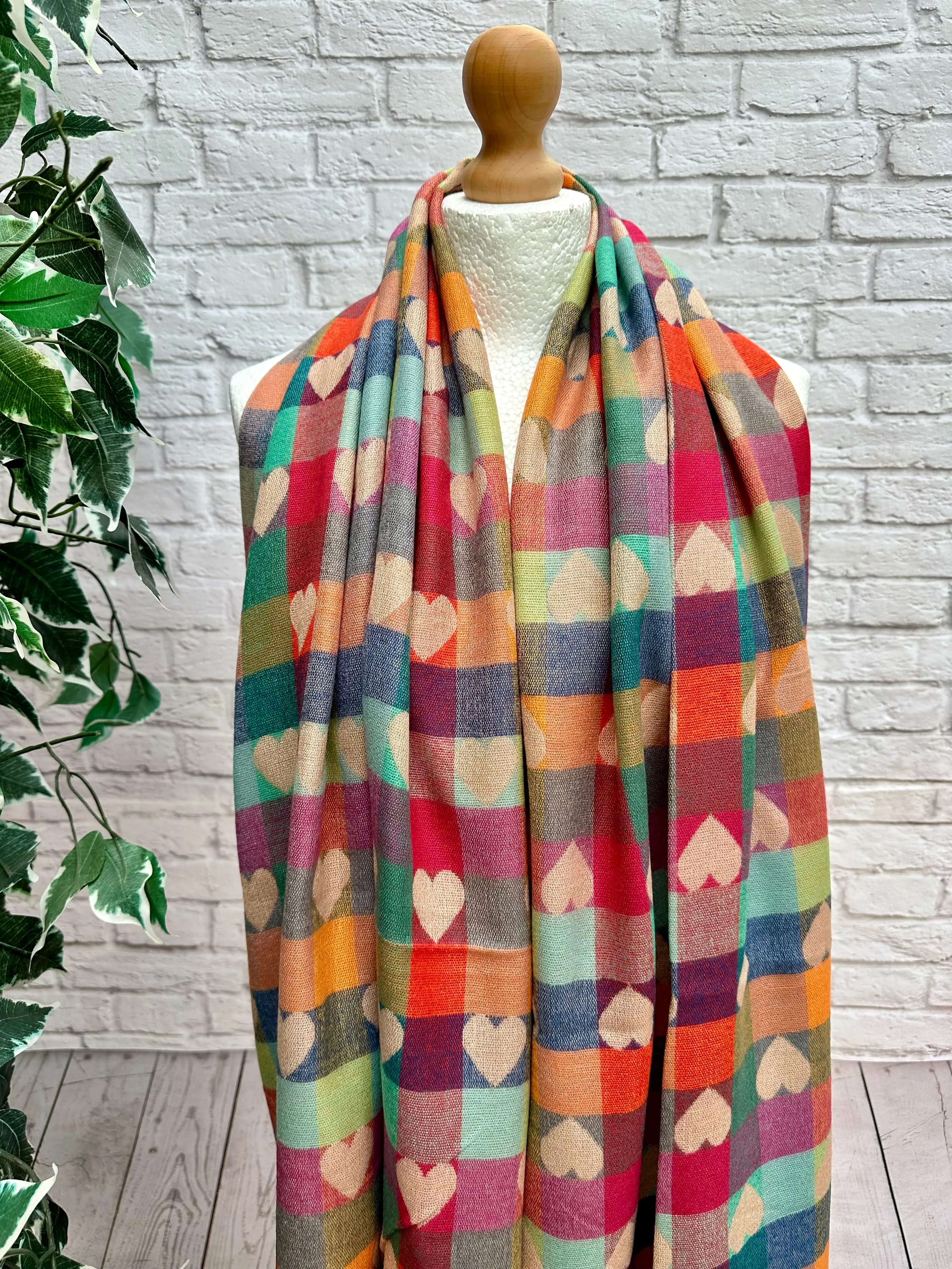 Thick Reversible Multi Coloured Love Hearts Checked BLUSH PINK Pashmina Winter Scarf