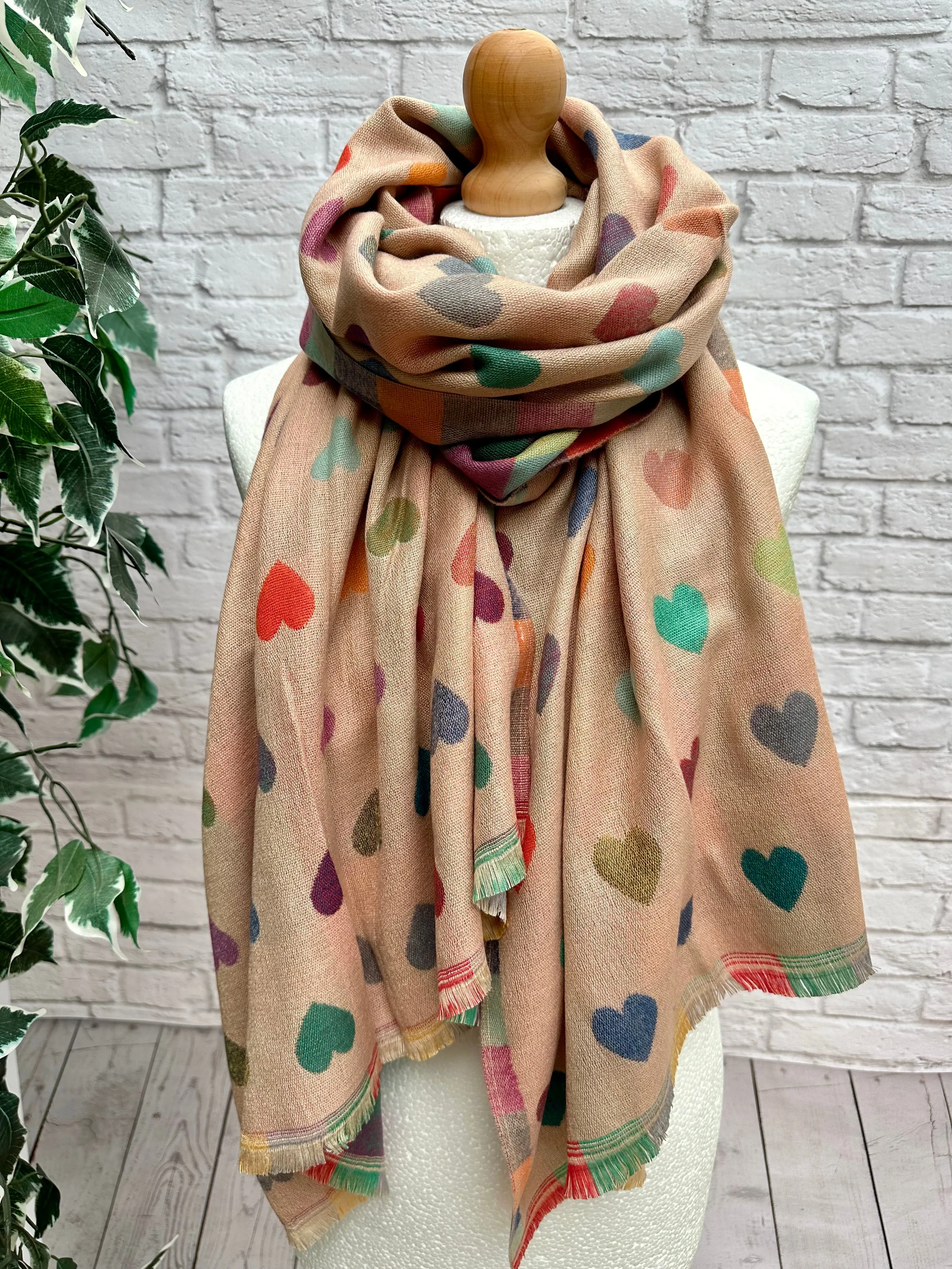 Thick Reversible Multi Coloured Love Hearts Checked BLUSH PINK Pashmina Winter Scarf