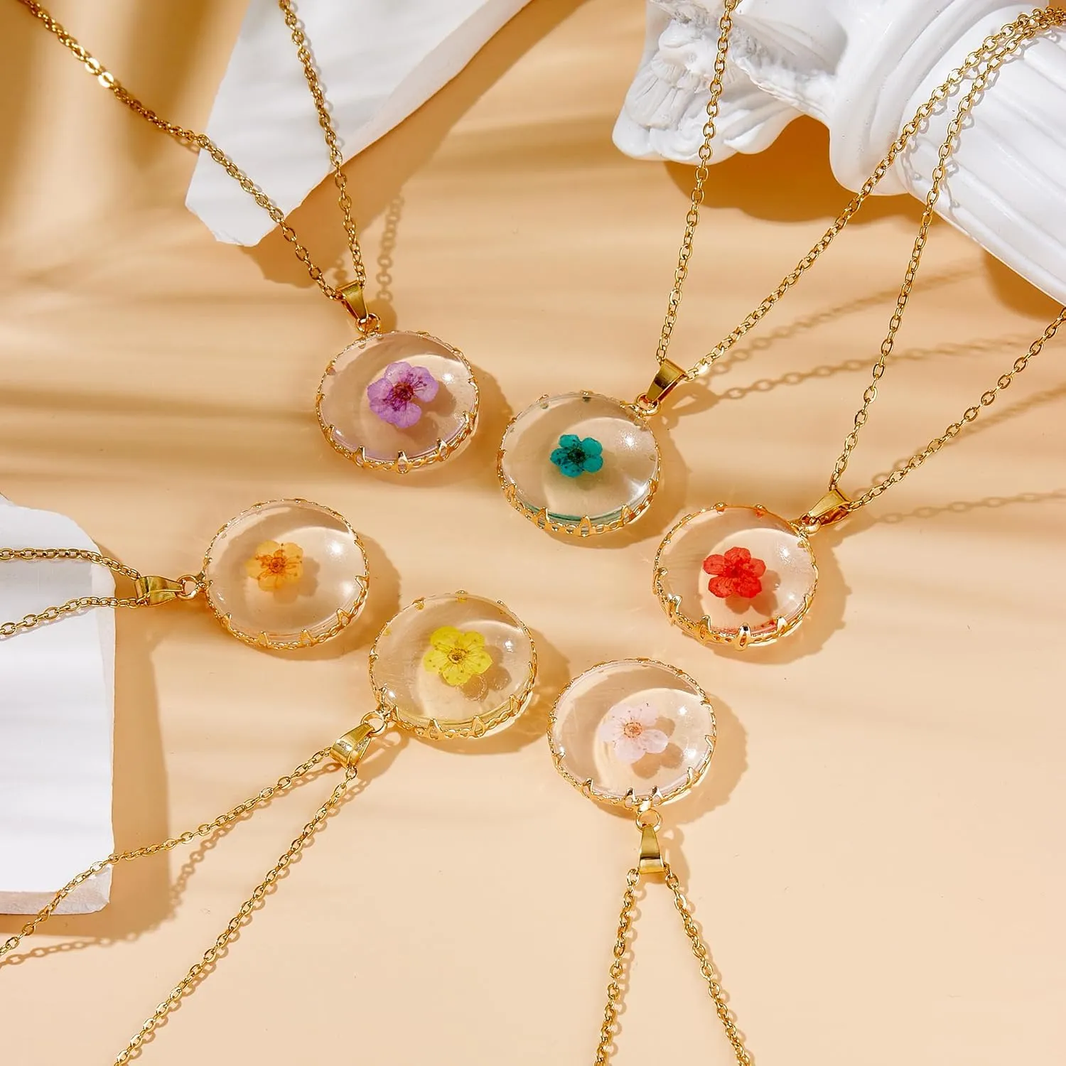 Women Gold Color Dried Flower Necklace Pressed Natural Flower Pendant Necklace for festival gifts (2pcs)