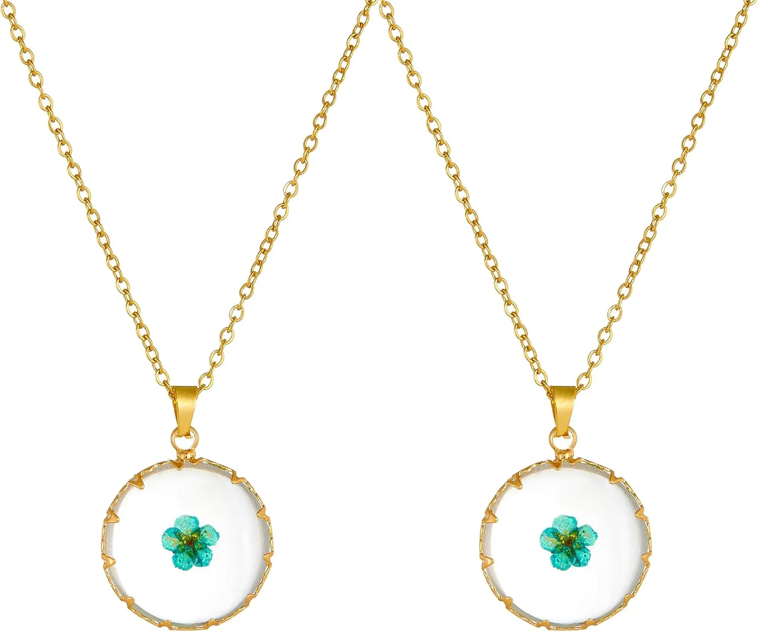 Women Gold Color Dried Flower Necklace Pressed Natural Flower Pendant Necklace for festival gifts (2pcs)