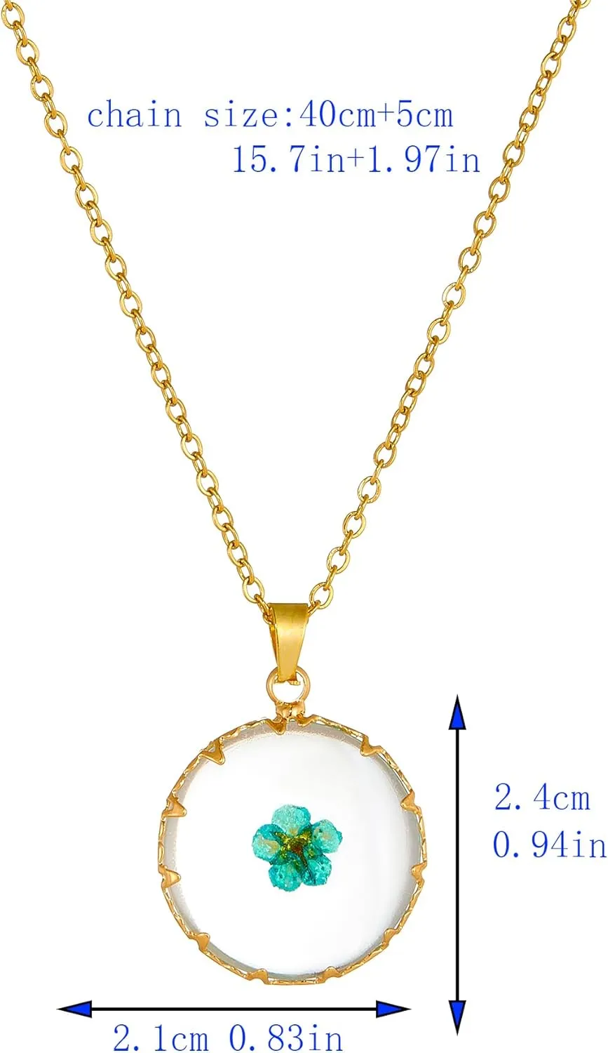Women Gold Color Dried Flower Necklace Pressed Natural Flower Pendant Necklace for festival gifts (2pcs)