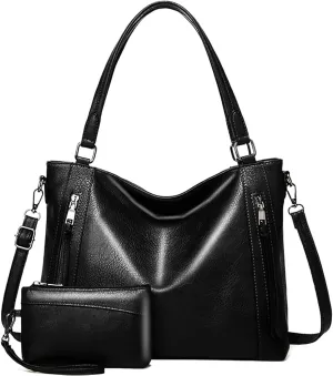 Women PU Leather Tote Bag, Black Handbag Shoulder Hobo Purse Large Crossbody Bag Ladies Bucket Wallet Set 2pcs for Shopping