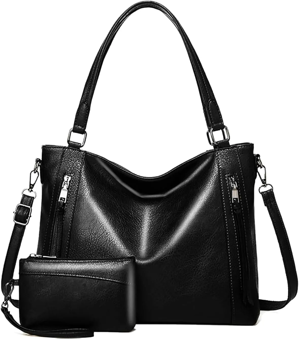Women PU Leather Tote Bag, Black Handbag Shoulder Hobo Purse Large Crossbody Bag Ladies Bucket Wallet Set 2pcs for Shopping