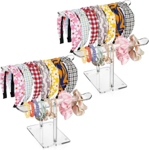 ZEAYEA 2 Pack Acrylic Headband Holder, 2-Tier Clear Hair Hoop Display Stand, Hair Ropes Accessories Storage Organizer Stand for Women and Girls