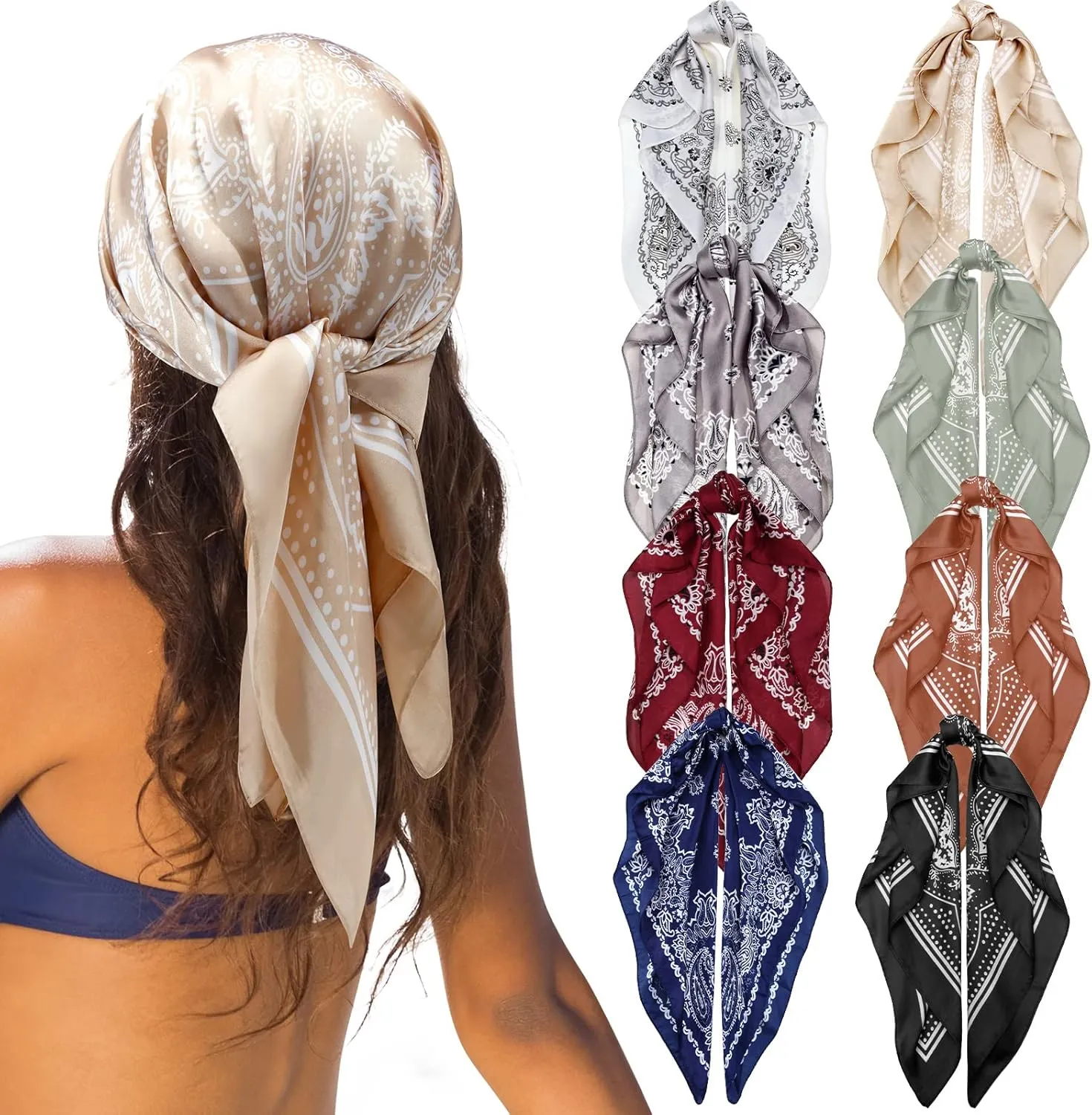 Zhanmai 8 Pcs 27.5 x 27.5 Inch Square Satin Head Scarves Women Silk Bandana Hair Scarves Hair Wrap Neck Scarf for Sleeping